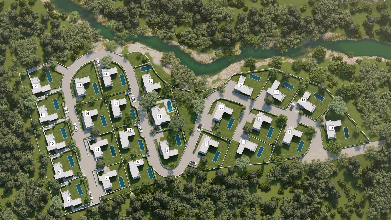 Rinnova Bodrum site plan render: villa plots numbered 1 to 25 beside a river, with pools, gardens and internal roads.